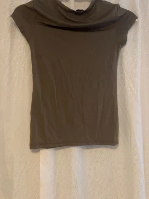 Brun kortärmad topp med draperad krage - Säljer en enkel brun topp med korta ärmar och en snygg draperad krage. Toppen har en rak passform och är tillverkad i ett mjukt material som känns skönt mot huden. Perfekt att matcha med jeans eller kjol för en chill look.