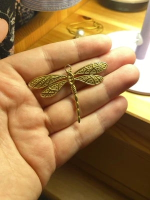 Guldfärgad trollslända-hänge - Säljer ett snyggt hänge i form av en trollslända, guldfärgat med detaljerat mönster på vingarna. Perfekt att använda som smycke eller dekor på väst. Metallmaterial och cool design som sticker ut.