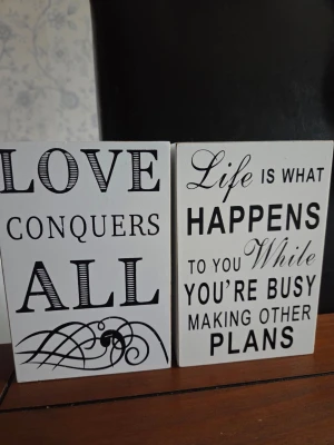 Två vita citattavlor i trä - Säljer två dekorativa citattavlor i vitt trä med svart text. Ena tavlan har texten 'LOVE CONQUERS ALL' och den andra 'Life is what happens while you're busy making other plans'. Perfekta som inredningsdetaljer för att skapa en inspirerande känsla i rummet.