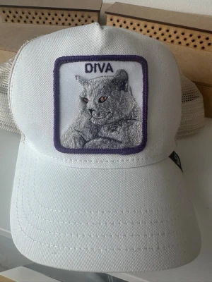 Vit keps goorin bros - Vit truckerkeps med broderad patch framtill som visar en grå katt och texten 'DIVA' i lila ram. Baksidan har mesh-tyg för extra ventilation. Perfekt accessoar för dig som gillar unika detaljer och djurmotiv. Kepsen är ovanlig och väldigt snygg