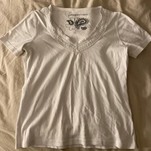 Vit topp - Säljer en vit topp från Pepper.com med v-ringning och fina spetsdetaljer runt halsen. Toppen har korta ärmar och är perfekt för en stilren look.