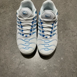 Nike Air Max Plus vit/blå sneakers - Nike Air Max  sneakers i vit mesh med blå detaljer. Skorna har en vågig design. Sulan är vit med blå inslag 