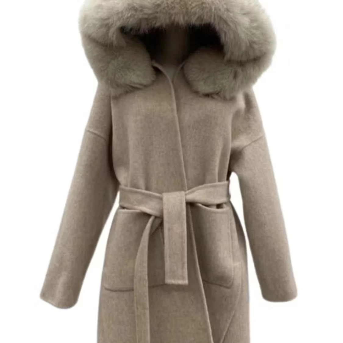 Taupe kappa med pälskrage och bälte