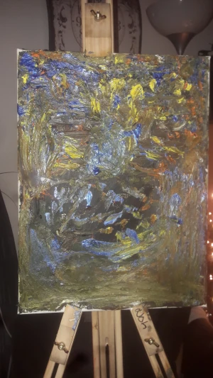 Målning av zion edlander - En unik och färgstark abstrakt målning med tjocka penseldrag i blått, gult och orange. Perfekt för dig som vill ha något annorlunda och kreativt på väggen. Passar dig som gillar konst och vill uttrycka din personliga stil i rummet.