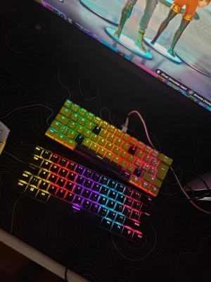 RGB Gaming Tangentbord - Snyggt och kompakt RGB gaming tangentbord med färgglad bakgrundsbelysning. Perfekt för spel och arbete, med tydliga och responsiva tangenter. Tangentbordet är i gott skick utan synligt slitage eller defekter. USB-anslutning för enkel installation.