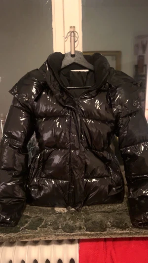 Svart vinterjacka från Calvin Klein - Snygg svart pufferjacka från Calvin Klein med glansig finish och stor huva. Jackan har CK-logga på bröstet, dragkedja framtill och en stor luva. Perfekt för kalla dagar när du vill hålla dig varm! Jackan är knappt använd och har inga defekter över huvudtaget, säljes inte längre! Köparen står för frakt💕Pris kan diskuteras!!