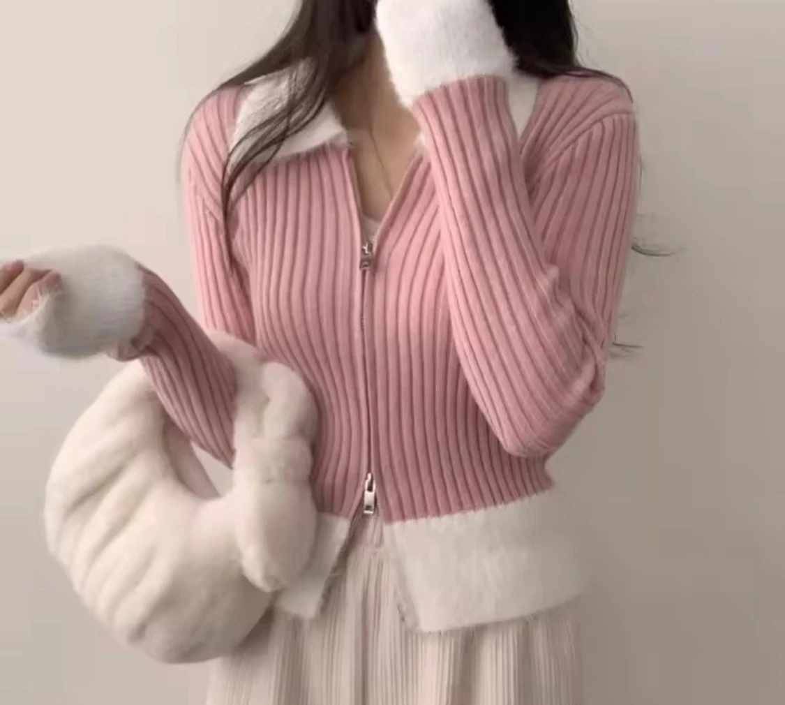 Rosa ribbad topp lång ärmar  - 1