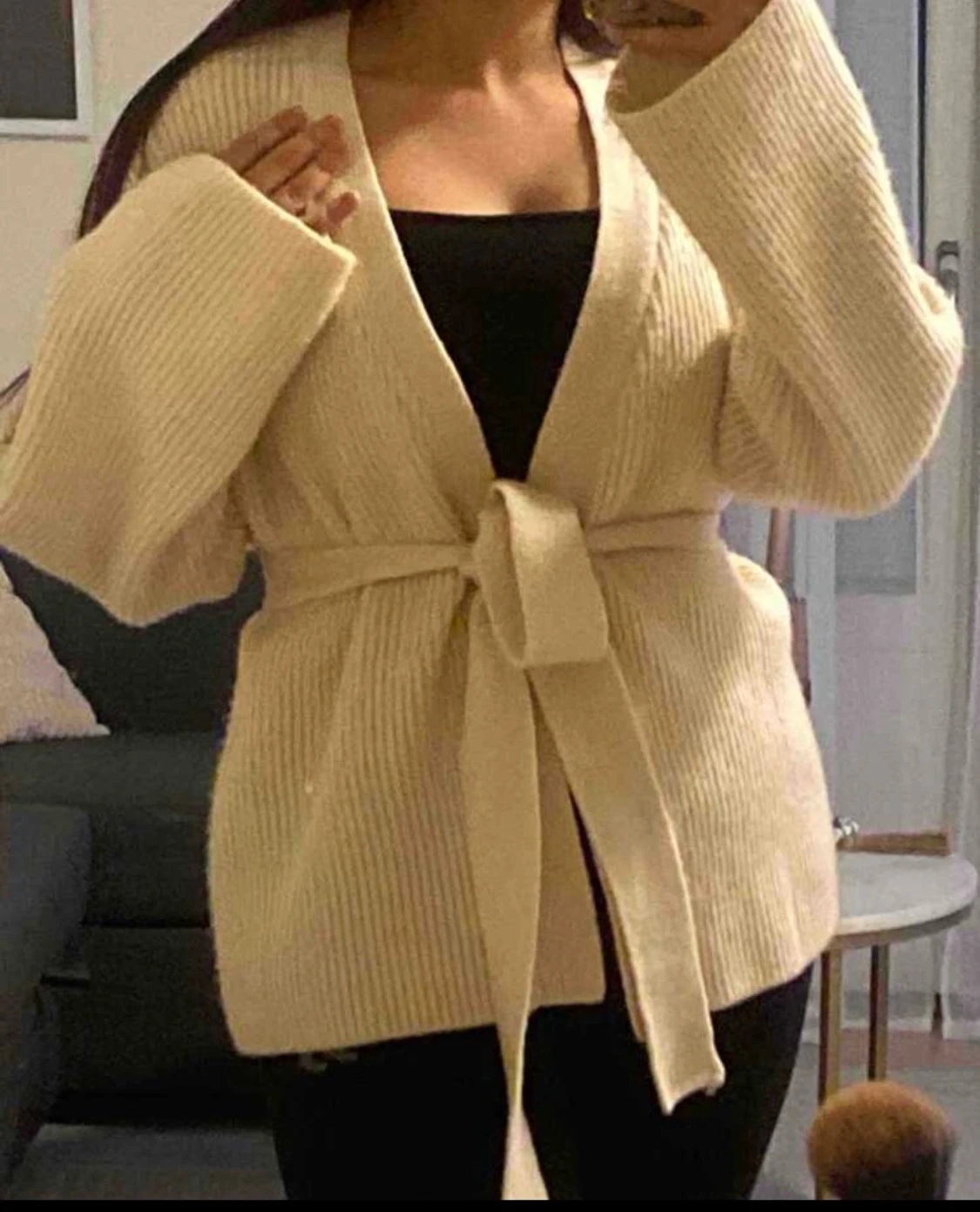 Beige ribbad kofta med bälte - 2