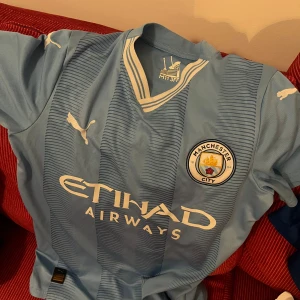 Manchester City kortärmad matchtröja Puma - Snygg Manchester City fotbollströja från Puma i ljusblått med vita detaljer och klubbmärke på bröstet. Tröjan har korta ärmar, subtila ränder och klassisk V-ringad krage med vit kant. Materialet är lätt och andas, perfekt för träning eller match.