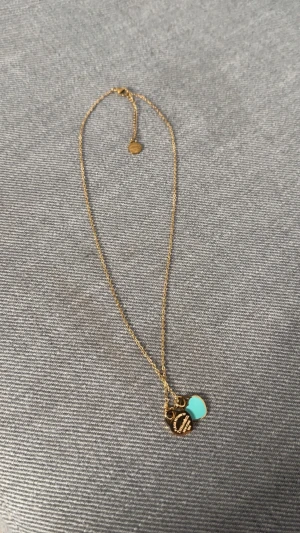 Tiffany & Co. guldhalsband med berlock - Snyggt guldhalsband från Tiffany & Co. med två berlocker – en rund med klassisk Tiffany-gravyr och en hjärtformad i turkos. Kedjan är tunn och elegant, perfekt för att ge din look lite extra lyx. Ikonisk design som sticker ut och känns riktigt exklusiv.