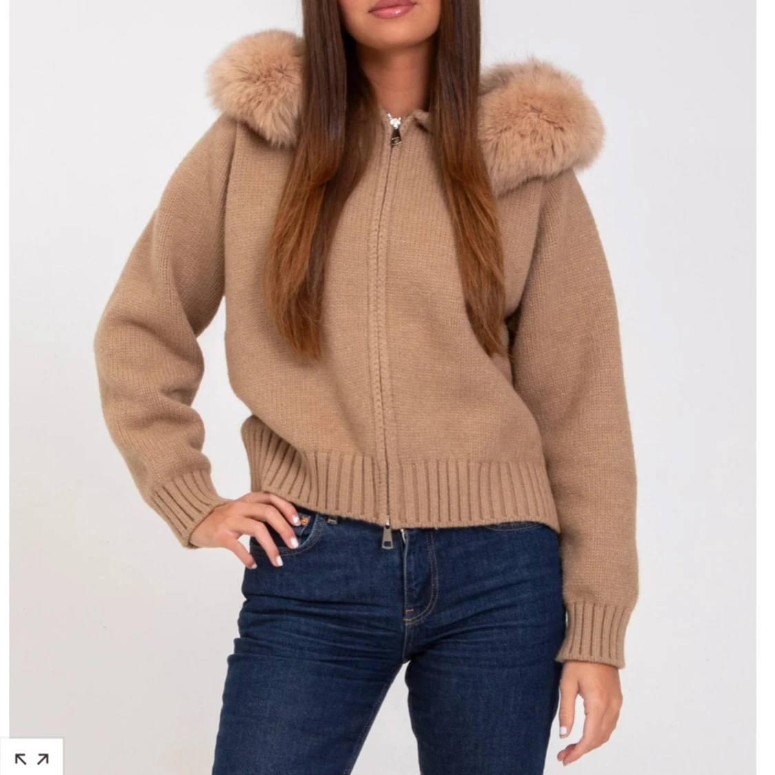 Beige/brun stickad jacka/kofta med päls - 3