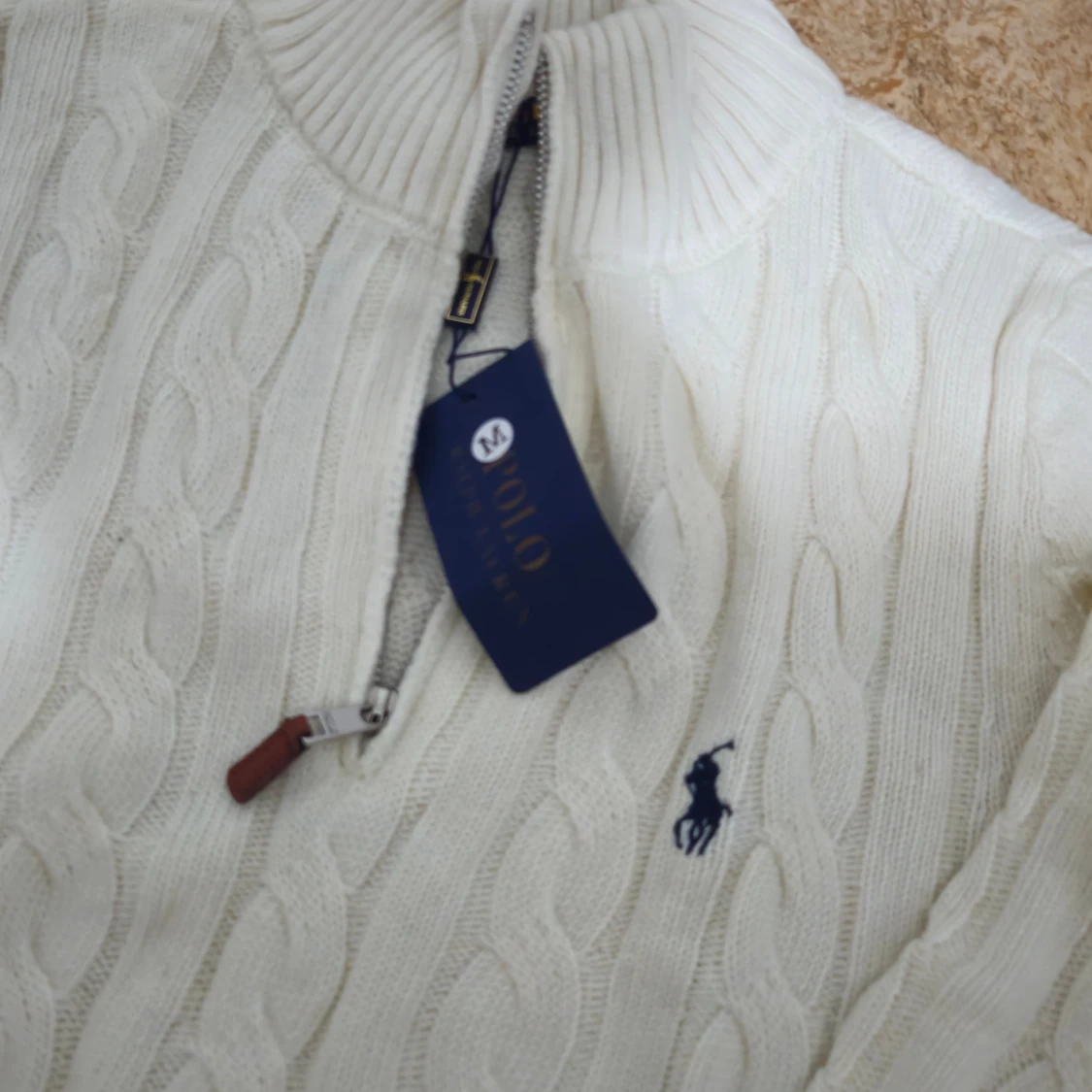 Vit kabelstickad quarter zip polo Ralph Lauren - 1