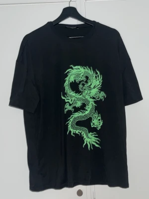 Svart t-shirt med grön drake - Säljer en svart t-shirt med en stor grön drake tryckt på framsidan. T-shirten har korta ärmar och en relaxed fit, perfekt för dig som gillar streetwear. Materialet känns mjukt och skönt mot huden. Andvänd ett par gånger och är från SHEIN 