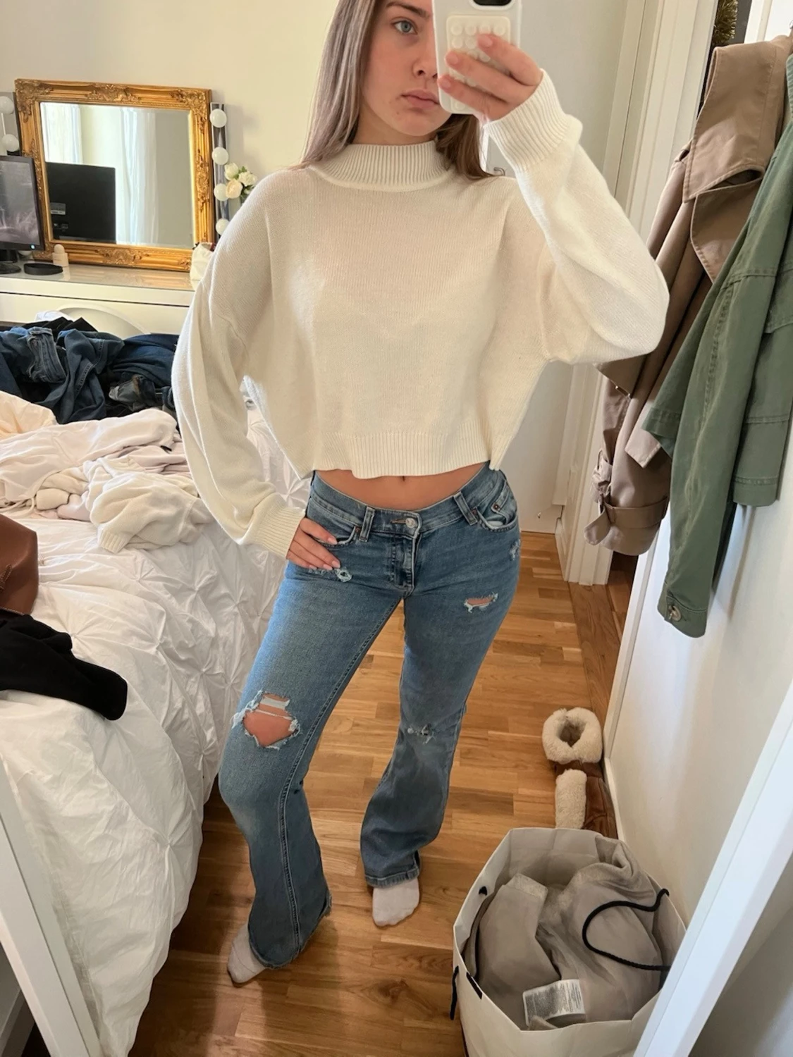 Vit croppad stickad polotröja - 1