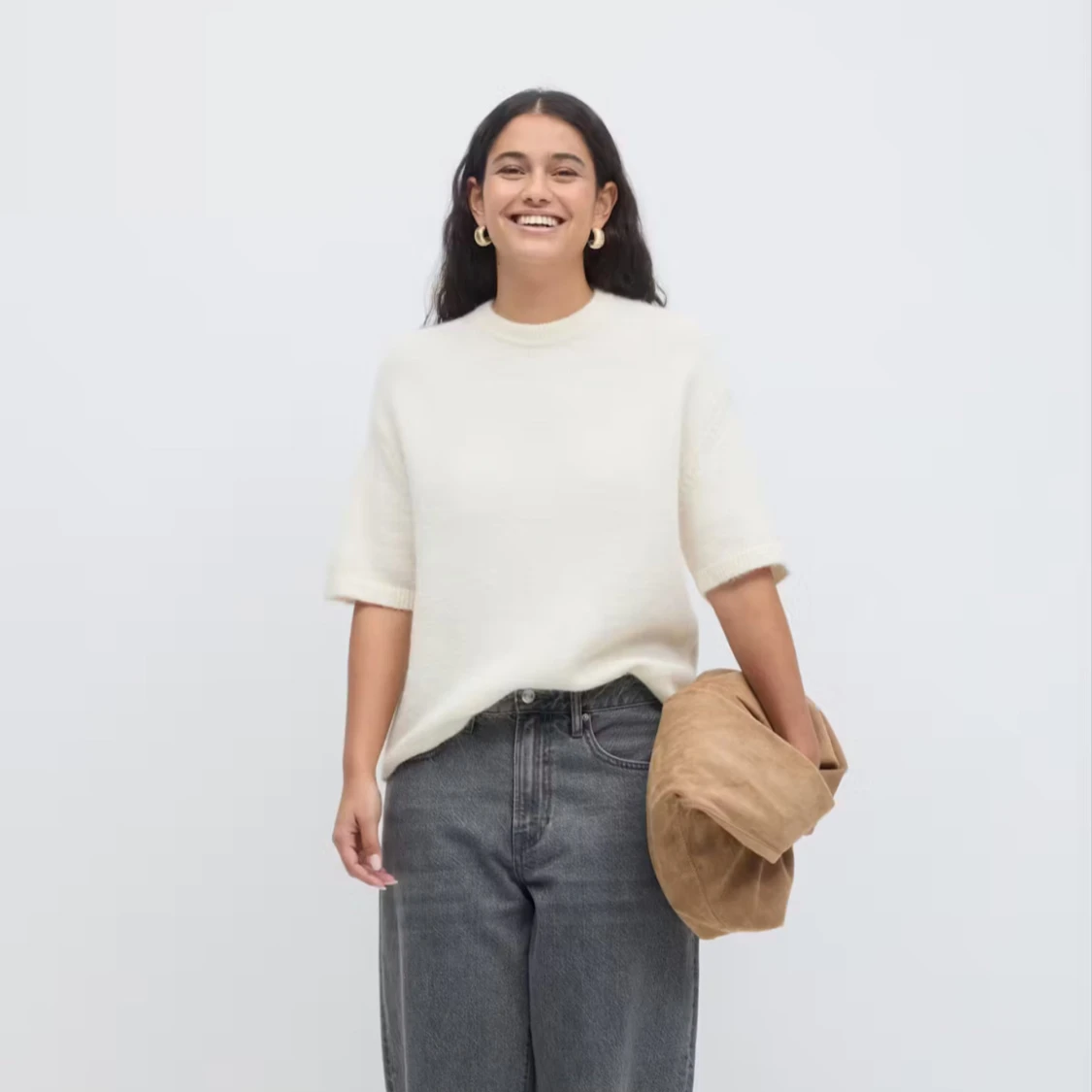 Vit stickad kortärmad tröja  - 2