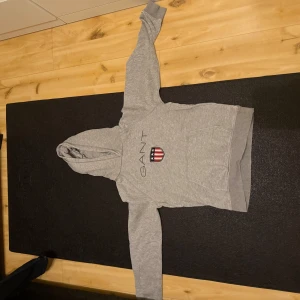 Grå hoodie från GANT med logga - Säljer en grå hoodie från GANT med broderad logga och amerikanskt inspirerat emblem på bröstet. Tröjan har huva, magficka och ribbade muddar. Perfekt för dig som gillar klassisk och sportig stil.