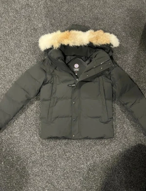 Svart Canada Goose dunjacka med päls - Säljer en svart dunjacka från Canada Goose med fluffig beige päls på huvan. Jackan har dragkedja och knappar framtill, två stora fickor och en klassisk puffer-design. Perfekt för kalla vinterdagar och har en snygg, tidlös look.