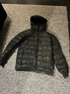 Grön Peak Performance dunjacka - Säljer en grön dunjacka från Peak Performance med huva och två sidofickor med dragkedja. Jackan har broderad logga på bröstet. Perfekt för kalla dagar och har en snygg, puffig look.