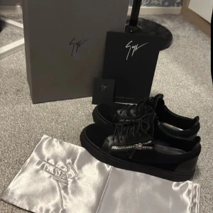 Svarta sneakers från Giuseppe Zanotti - Säljer ett par svarta sneakers från Giuseppe Zanotti med coola silverfärgade dragkedjor på sidorna. Skorna är i skinn och mocka, har snörning och en chunky platt sula. Perfekta för dig som gillar en edgy och lyxig streetstil.