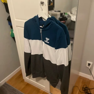 Blåvit hoodie från Hummel med dragkedja - Säljer en snygg hoodie från Hummel i storlek L. Tröjan har breda blockränder i mörkblått, vitt och mörkgrått, med Hummel-logga på bröstet. Utrustad med huva, hel dragkedja och känguruficka. Perfekt för chill eller träning.