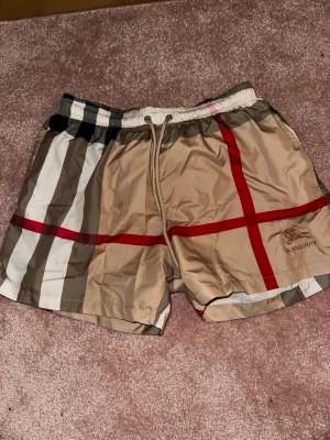 Burberry rutiga badshorts med snörning - Säljer ett par klassiska Burberry badshorts i storlek L men passar mer M med rutigt mönster i beige, rött, svart och vitt. Shortsen har elastisk midja med snörning och Burberry-logga broderad framtill. Perfekt för sommaren och strandhäng.