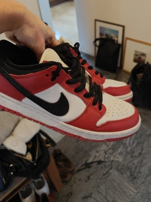 Nike SB Dunk Low Pro röd/vit/svart Chicago  - Nike SB Dunk Low Pro sneakers i rött, vitt och svart. Klassisk låg modell med svart swoosh, svart snörning och perforerad tåbox. Ovandel i skinn och textil, med vadderad plös och slitstark röd yttersula. Perfekta för dig som gillar streetwear och skate.
