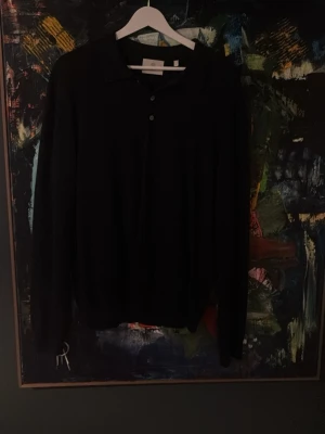 Svart pikétröja från Bläck, storlek L - Klassisk svart pikétröja från Bläck i storlek L. Tröjan har lång ärm, krage och knappar framtill för en clean look. Perfekt till både jeans och chinos. Materialet känns mjukt och bekvämt, och färgen är riktigt djup svart.