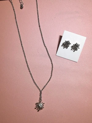 Smyckesset - Ett silvrigt smyckeset från guldfynds julkalender 2024 med halsband och örhängen med stenar. Aldrig använt