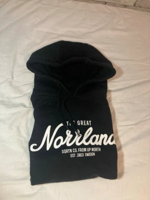 The great Norrland hoodie - En svart hoodie med ett the great Norrland tryck på framsidan. Tröjan har inga defekter och är köpt för ca 900 på local store och är använd någon enstaka gång.
