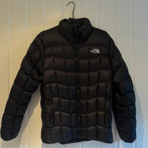 Svart dunjacka från The North Face - Säljer en svart dunjacka från The North Face med klassisk boxig passform och hög krage. Jackan har synliga sömmar i rutmönster, dragkedja framtill och logga på bröstet och ryggen. Perfekt för kalla dagar och riktigt snygg streetstil.