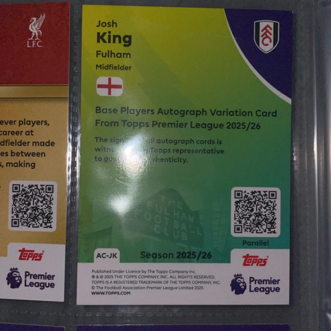 (Topps fotbollskort SIGNERAT autograf 03/10 ) Base Players Autograph Variation Card - Topps Premier League 2025/26 - 2