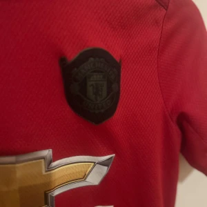 Manchester United röd fotbollströja Adidas - Säljer en röd Manchester United fotbollströja från Adidas med svart klubbmärke, Chevrolet-logga i guld och vitt på bröstet samt svarta detaljer vid krage och ärmar. Kortärmad modell i lätt, ventilerande material. Perfekt för dig som älskar fotboll och United. 