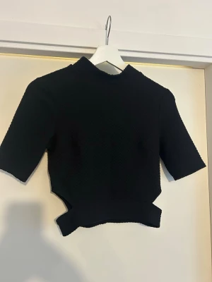 Svart croppad topp med cut out-detalj - Säljer en svart croppad topp med korta ärmar och cool cut out-detalj i midjan. Toppen har en lätt struktur i tyget och en hög hals. Perfekt för dig som vill ha en edgy och trendig look.