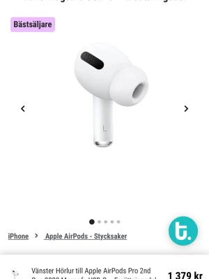 Söker Apple AirPods Pro vänster hörlur - Söker en vänster hörlur till Apple AirPods Pro 2nd gen. Hörluren är vit, har en stilren och kompakt design med silikonpropp och touchkontroll. Perfekt för dig som tappat bort ena sidan och vill komplettera dina AirPods.