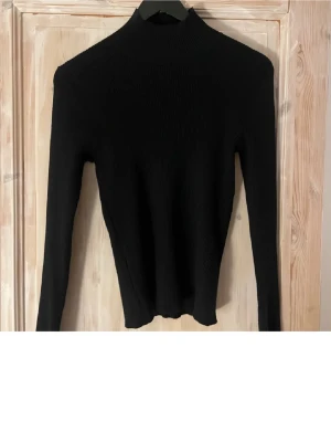 Svart ribbad polotopp med öppen rygg - Säljer en svart ribbad polotopp med lång ärm och en snygg öppen ryggdetalj. Toppen är figurnära och har en hög hals som ger en clean look. Perfekt för dig som gillar stilrena plagg med en twist. I storlek L fast passar en S/M! Tveka inte att höra av dig vid frågor!🩷