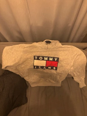 Grå hoodie från Tommy Jeans - Snygg grå hoodie från Tommy Jeans med stort tryck på bröstet i rött, vitt och blått. Klassisk huva och magficka framtill. Perfekt för en avslappnad och trendig stil. Materialet är mjukt och bekvämt, passar perfekt till jeans eller joggers.