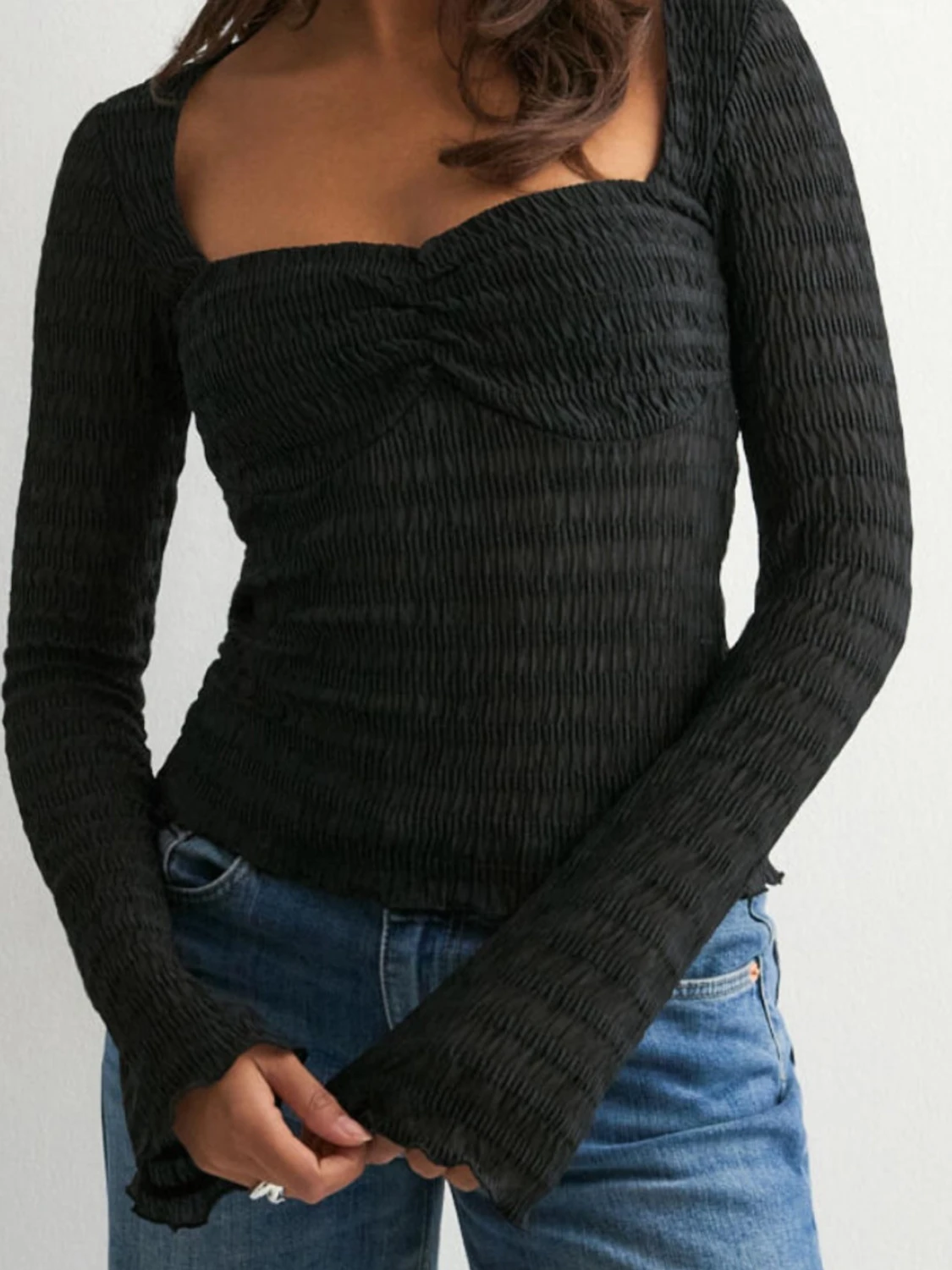 Svart ribbad långärmad topp H&M - 1