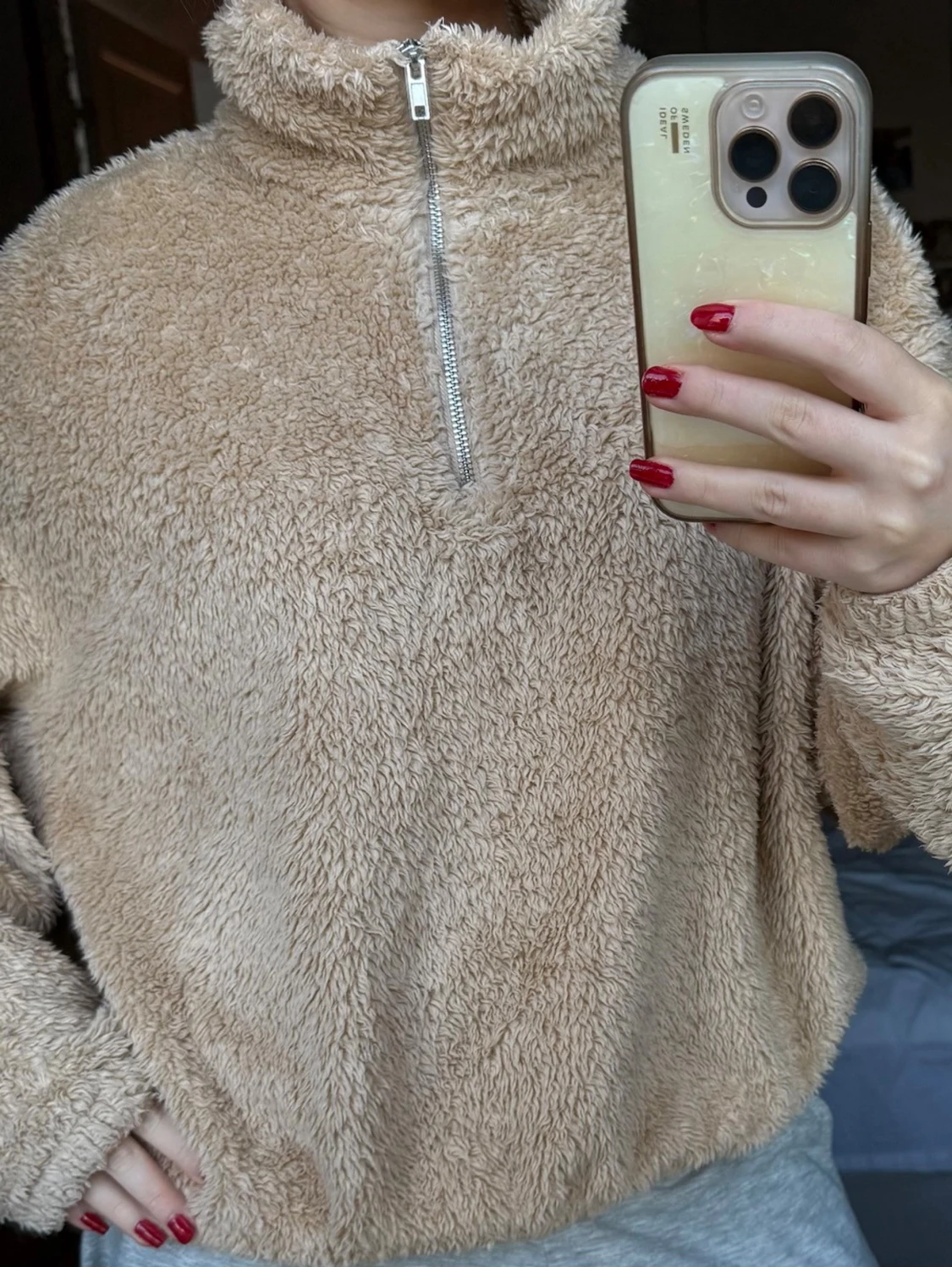 Beige teddyjacka med half zip - 1