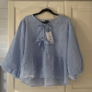 Blårutig blus med knyt fram - Supersöt blus i blåvitt rutigt mönster med voluminösa ärmar och två knyt framtill. Blusen har en lös passform och är tillverkad i ett lätt bomullstyg, perfekt för en fräsch och luftig look. 