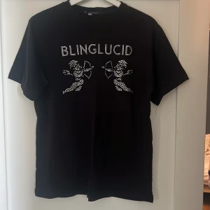 Svart t-shirt med strasstenar Blinglucid - Svart t-shirt från Blinglucid med coola strasstenar framtill som bildar texten 'BLINGLUCID' och två änglar med pilbåge. Klassisk passform och rund hals. Perfekt för dig som gillar statement-plagg med bling.