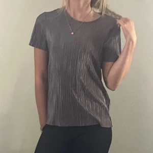 Grå ribbad kortärmad topp - Snygg grå topp med ribbad struktur och korta ärmar. T-shirten har en rund halsringning och ett lätt glansigt material som ger en cool vibe. Perfekt att styla med jeans eller kjol för en trendig look.