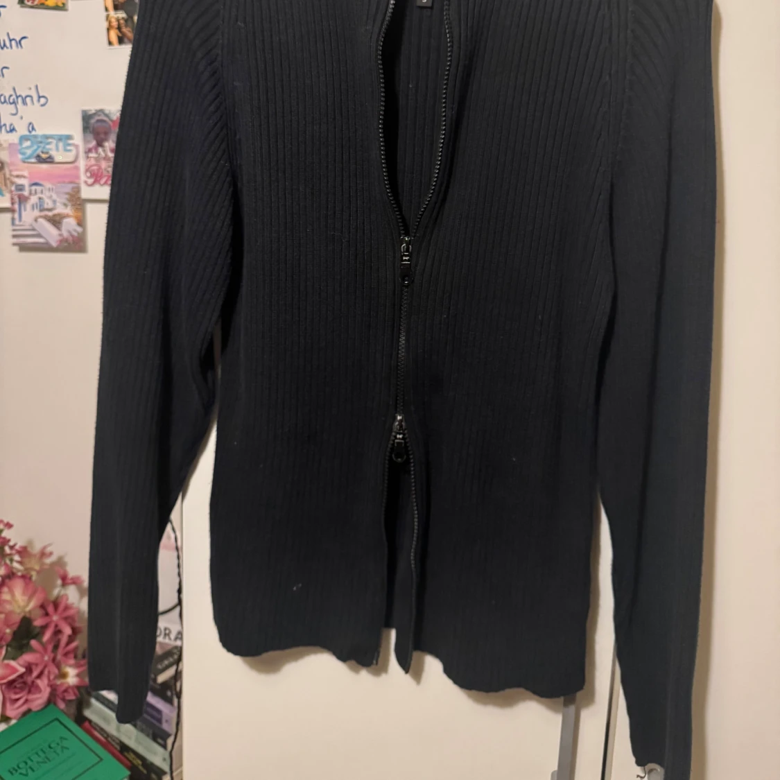 Marinblå vintage  ribbad kofta med dragkedja - 1