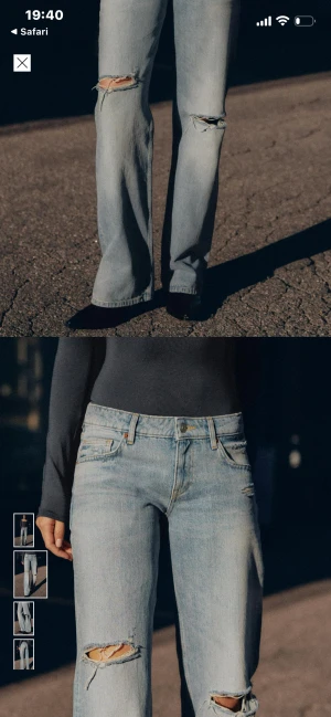 Ljusa lågmidjade jeans med hål 🩷 - Snygga ljusblå jeans med slitna detaljer och hål vid knäna. Modellen är wide leg med låg midja. Storlek 34 aldrig använda, pris lappen sitter kvar!🩷 