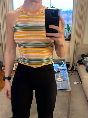 Randig croppad linnetopp från Bik Bok - Säljer en färgglad croppad linnetopp från Bik Bok i storlek XS. Toppen har ett randigt mönster i gult, rosa, blått, grönt och vitt, är ribbad och ärmlös med hög hals. Tyvärr släppt lite i sömmen vid halsen men syns inte alls på!