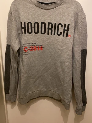 Grå sweatshirt från Hoodrich - Säljer en grå sweatshirt från Hoodrich med svart och röd text framtill och en världskarta i rött på ryggen. Tröjan har mörkgrå paneler på ärmar och nederkant, samt rund halsringning. 