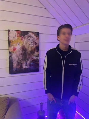 Svart Tröja - Palm Angels - Säljer en svart bomberjacka från Palm Angels med vita ränder längs ärmarna och vit dragkedja framtill. Jackan har en sportig look och loggan broderad på bröstet. Perfekt för dig som vill ha en clean och stilren streetwear-vibe. Den är i nyskick.