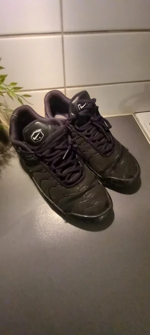 Nike Air Max Plus svarta sneakers - Nike Air Max Plus sneakers i helsvart med TN Air-detalj på hälen och synlig Air Max-sula. Snygg vågig design på ovandelen, snörning och rund tå. Materialmix av syntet och mesh för skön komfort och streetstil. Perfekt för dig som gillar chunky sneakers med attityd.