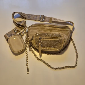 Beige glittrig axelväska Steve Madden - Snygg beige axelväska från Steve Madden med glittriga detaljer och kedja. Väskan har flera fack med dragkedja, justerbar axelrem med logga och en liten matchande miniväska. Perfekt för dig som vill sticka ut med stilrena och glamorösa accessoarer.