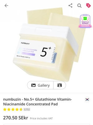 Numbuzin Vitamin-Niacinamide Pads - Numbuzin No.5+ Glutathione Vitamin-Niacinamide Concentrated Pad är bomullspads indränkta i en näringsrik essence med glutathion och niacinamid. Kommer i en beige plastburk med vitt lock, innehåller 70 pads. Aldrig öppen och ej använd! Helt ny