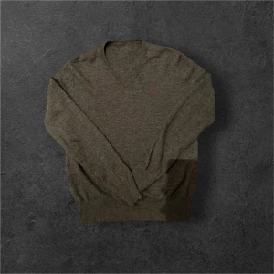 Grå v-ringad tröja från Ralph Lauren - Snygg grå v-ringad tröja från Ralph Lauren med broderad röd logga på bröstet. Tröjan är långärmad och har ribbade muddar vid ärmslut och nederkant. Perfekt för lager-på-lager och chill höst- eller vinterstil.